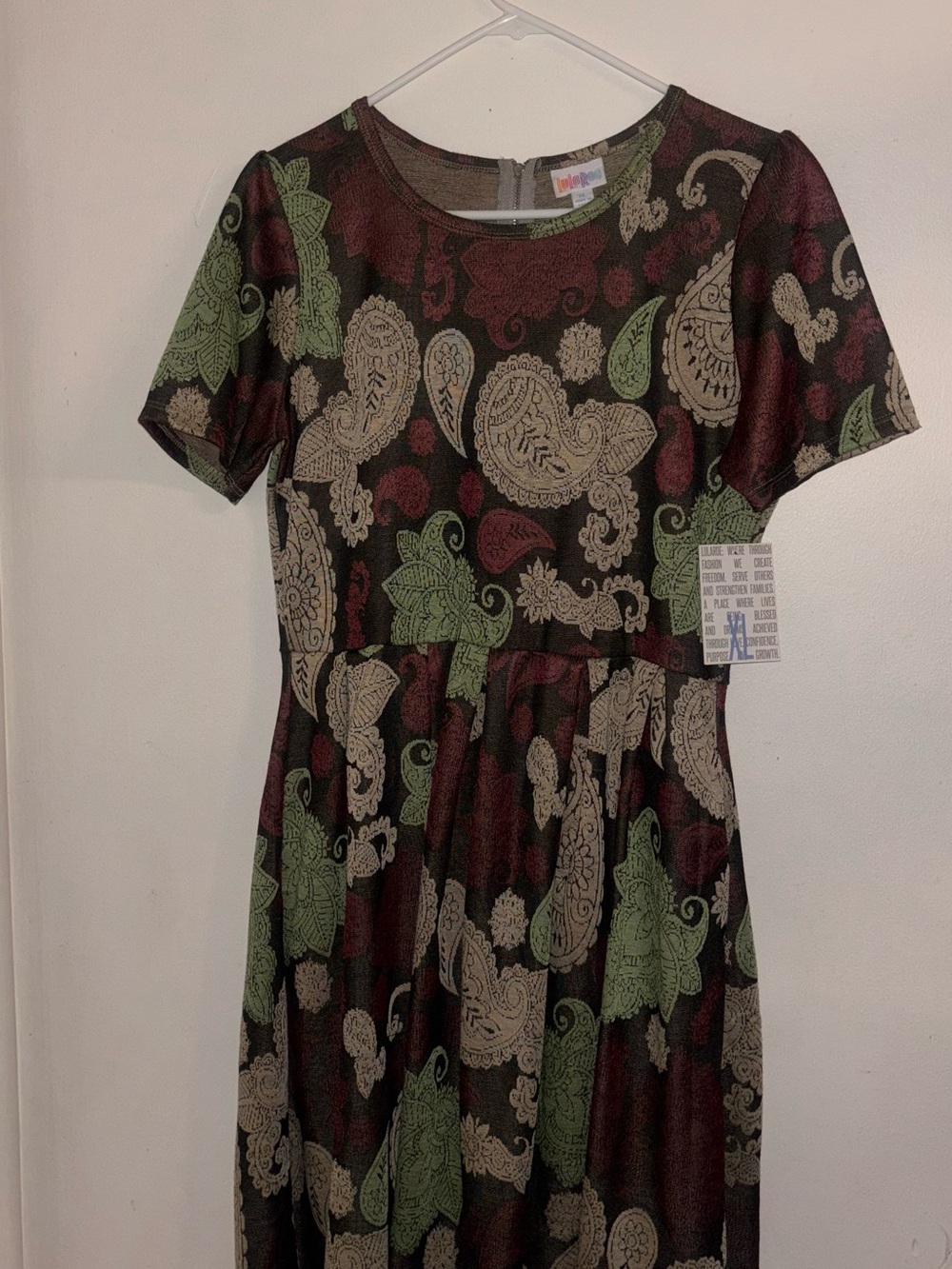 LuLaRoe Amelia  women’s Paisley Short Sleeve Dress - Green, Burgundy & Cream